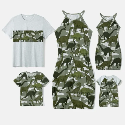 Family Matching Dinosaur Print Camouflage Halterneck Dresses and Short-sleeve T-shirts Sets