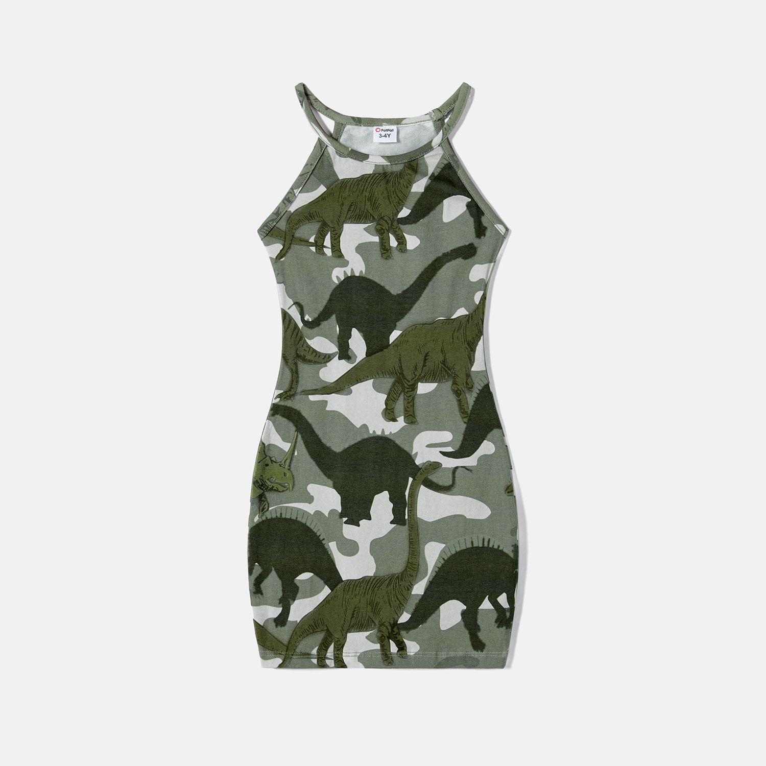 Family Matching Dinosaur Print Camouflage Halterneck Dresses and Short-sleeve T-shirts Sets