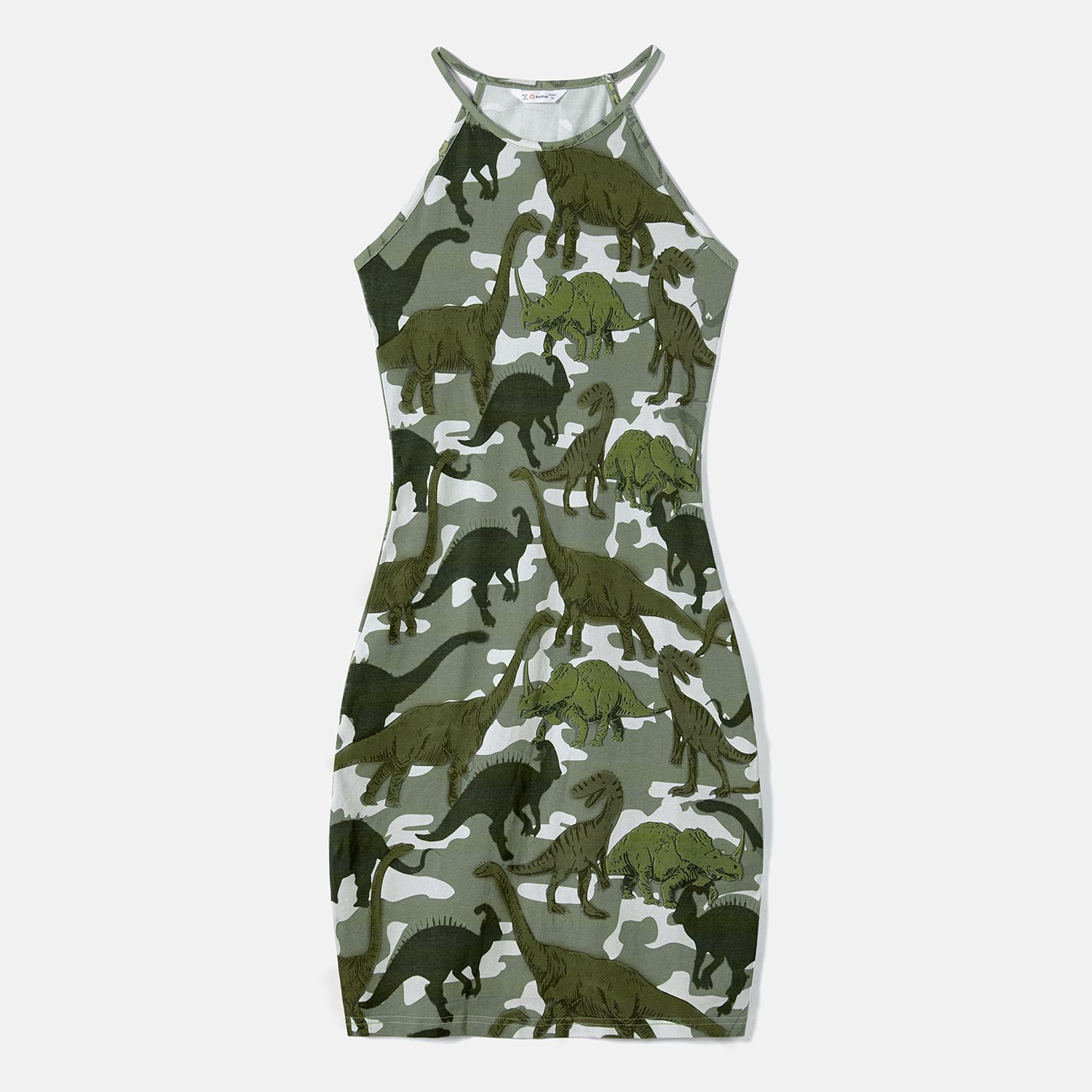Family Matching Dinosaur Print Camouflage Halterneck Dresses And Short-sleeve T-shirts Sets