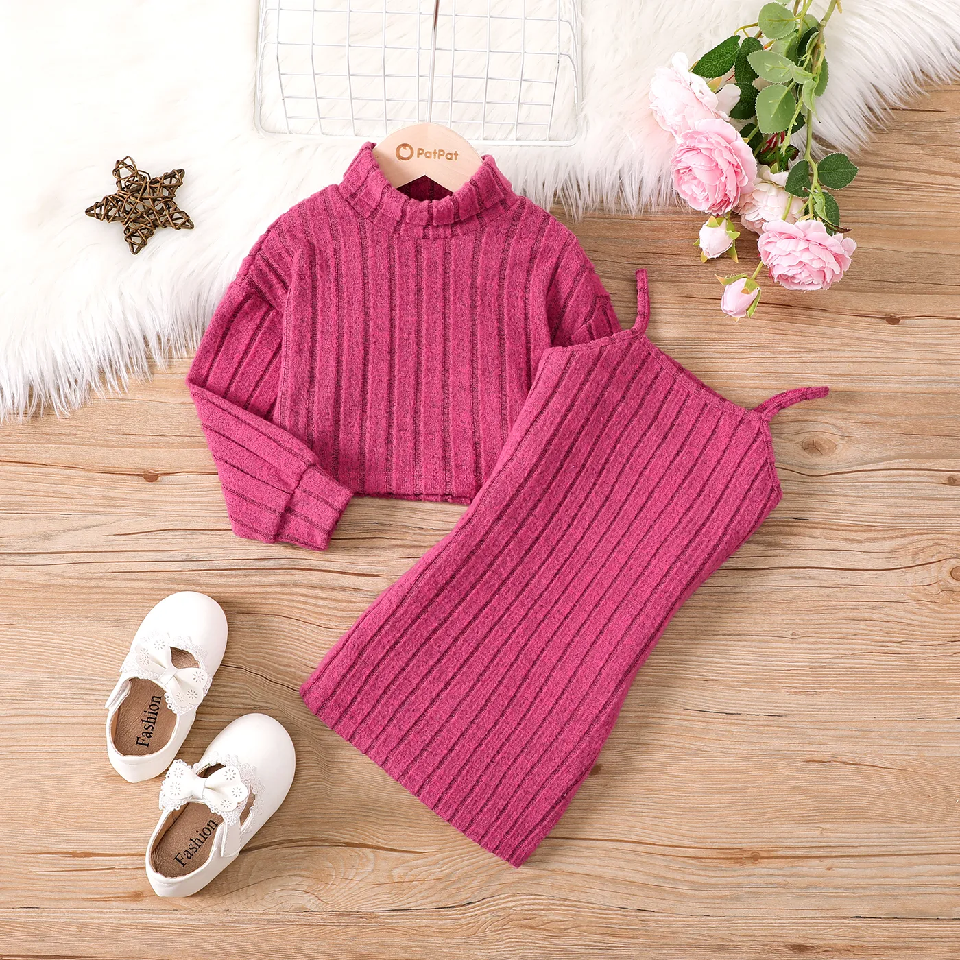 2PCS Toddler Girl Solid Stand Collar Long Sleeve Dress Set  big image 1
