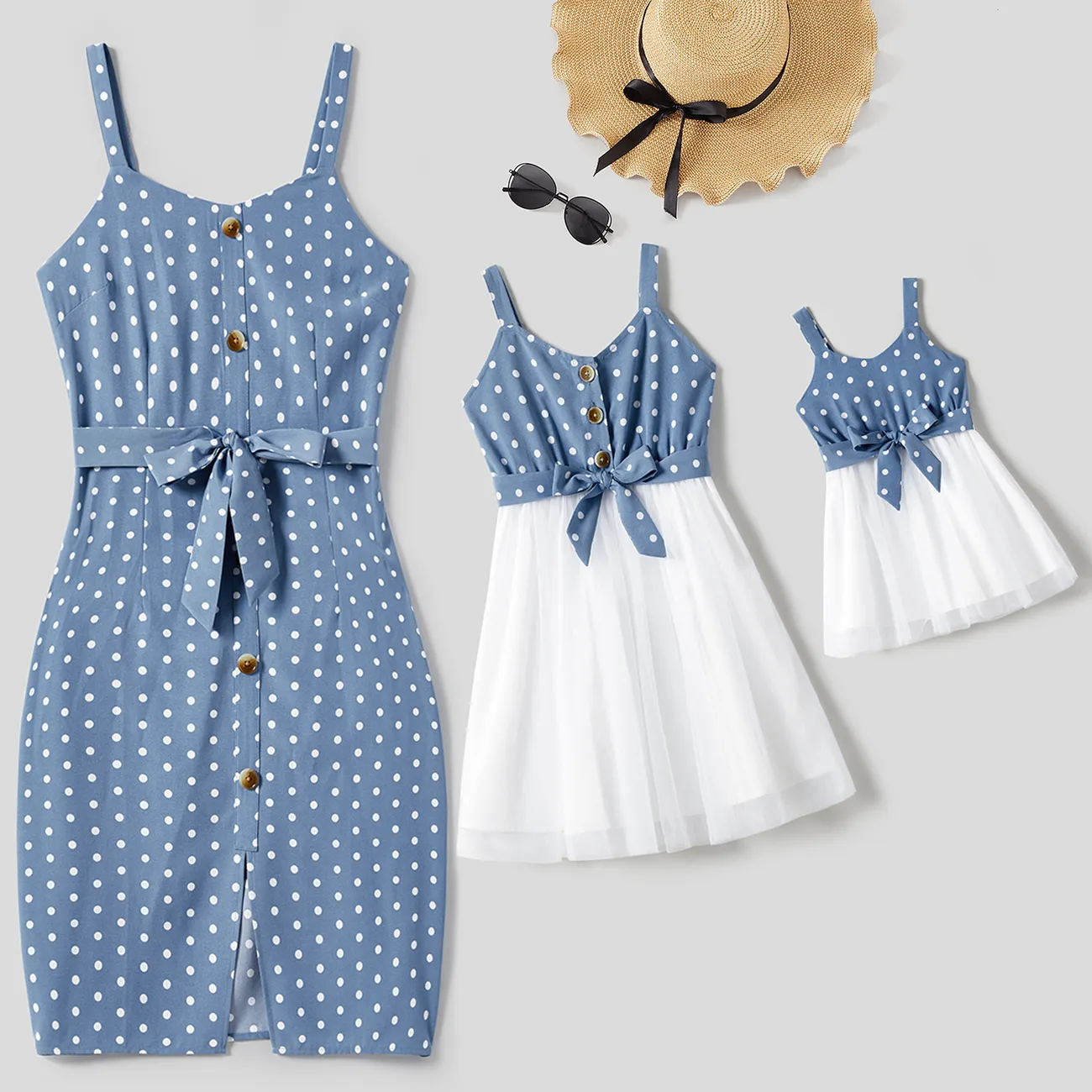 Mommy and Me Polka Dots Print Belted Cami Dresses Blue big image 1