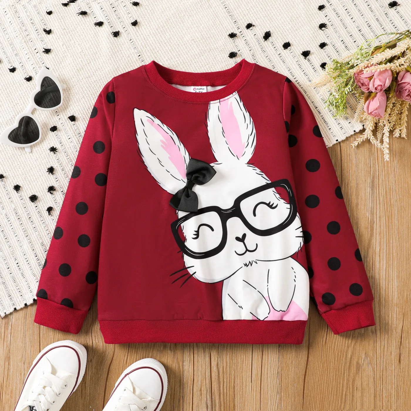Kid Girl Rabbit Pattern 3D Long-sleeve Pullover
 Red big image 1