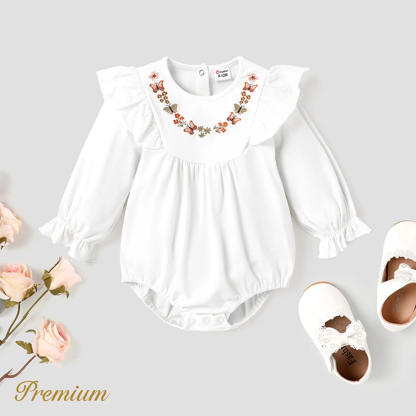 Bebé Menina Extremidades franzidas Borboleta Elegante Manga comprida Macacão curto Branco