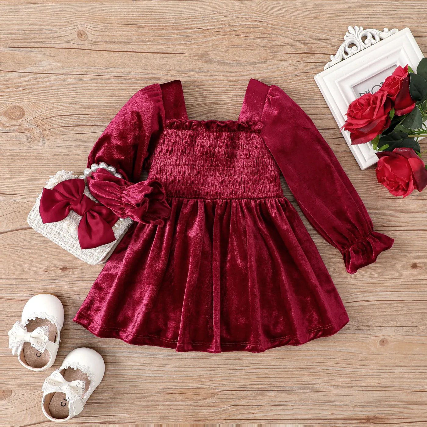 Baby Girl Classic Solid Color Long Sleeve Dress Set