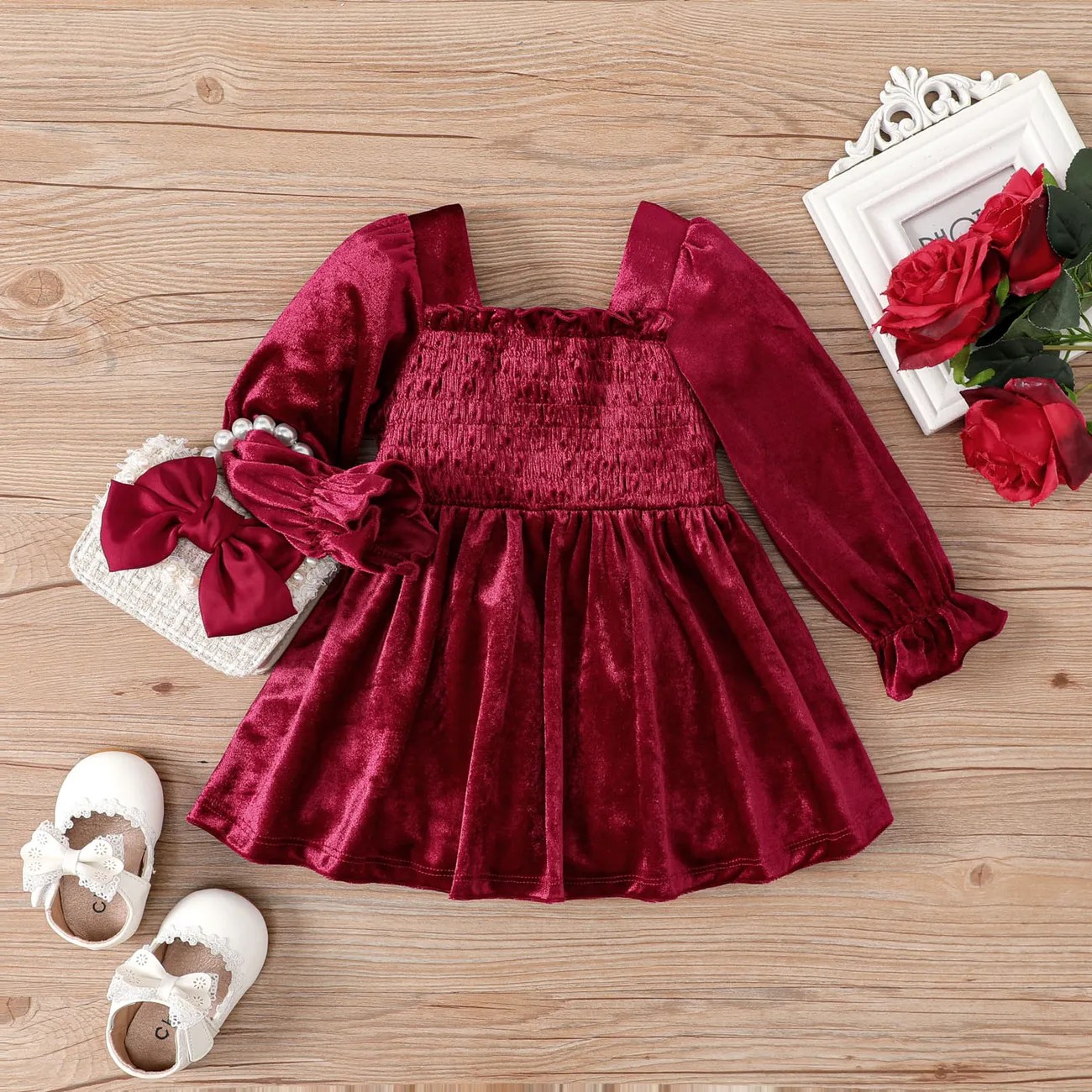 Baby Girl Classic Solid Color Long Sleeve Dress Set  big image 1
