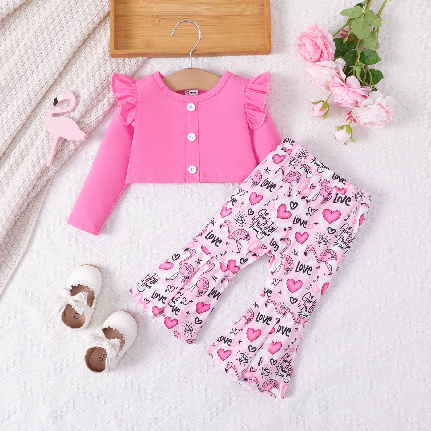 2pcs Baby Girl 95% Cotton Ruffle Trim Long-sleeve Top and Flamingo Pattern Flared Pants Set
