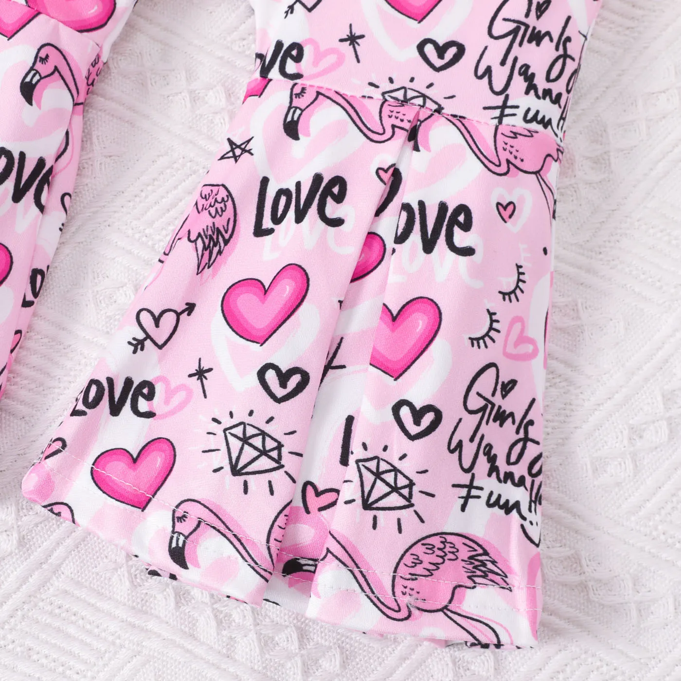 2pcs Baby Girl 95% Cotton Ruffle Trim Long-sleeve Top and Flamingo Pattern Flared Pants Set  Pink image 5