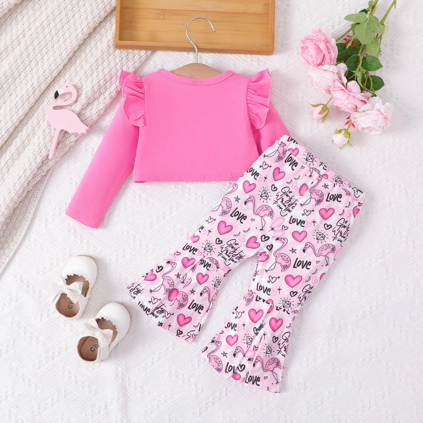 2pcs Baby Girl 95% Cotton Ruffle Trim Long-sleeve Top and Flamingo Pattern Flared Pants Set  Pink image 2