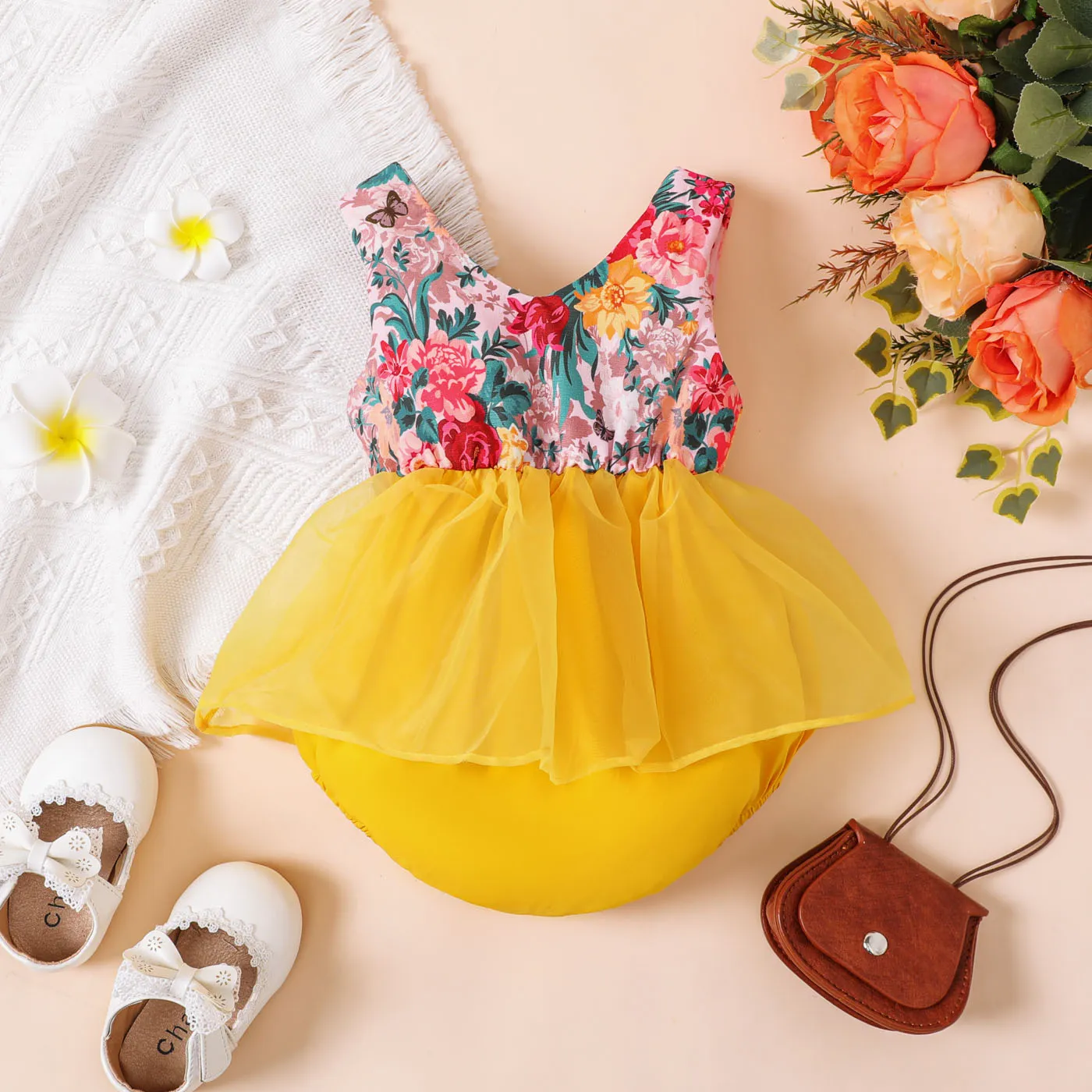 Baby Girl Floral Print Spliced Mesh Tank Romper Yellow image 2