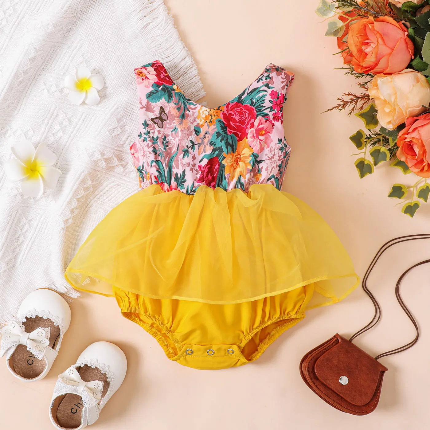 Baby Girl Floral Print Spliced Mesh Tank Romper Yellow big image 1