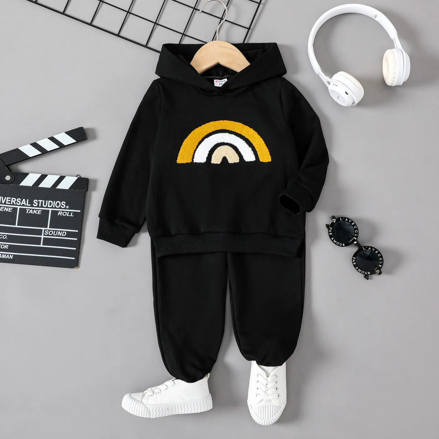 2pcs Toddler Unisex Rainbow Pattern Hooded Set