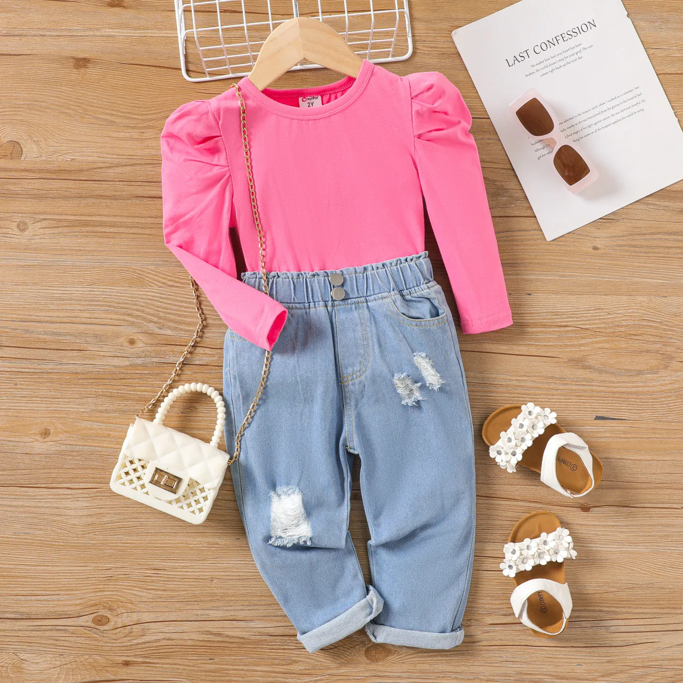 2pcs Toddler Girl Ruched Long-sleeve Top and Ripped Jeans Set