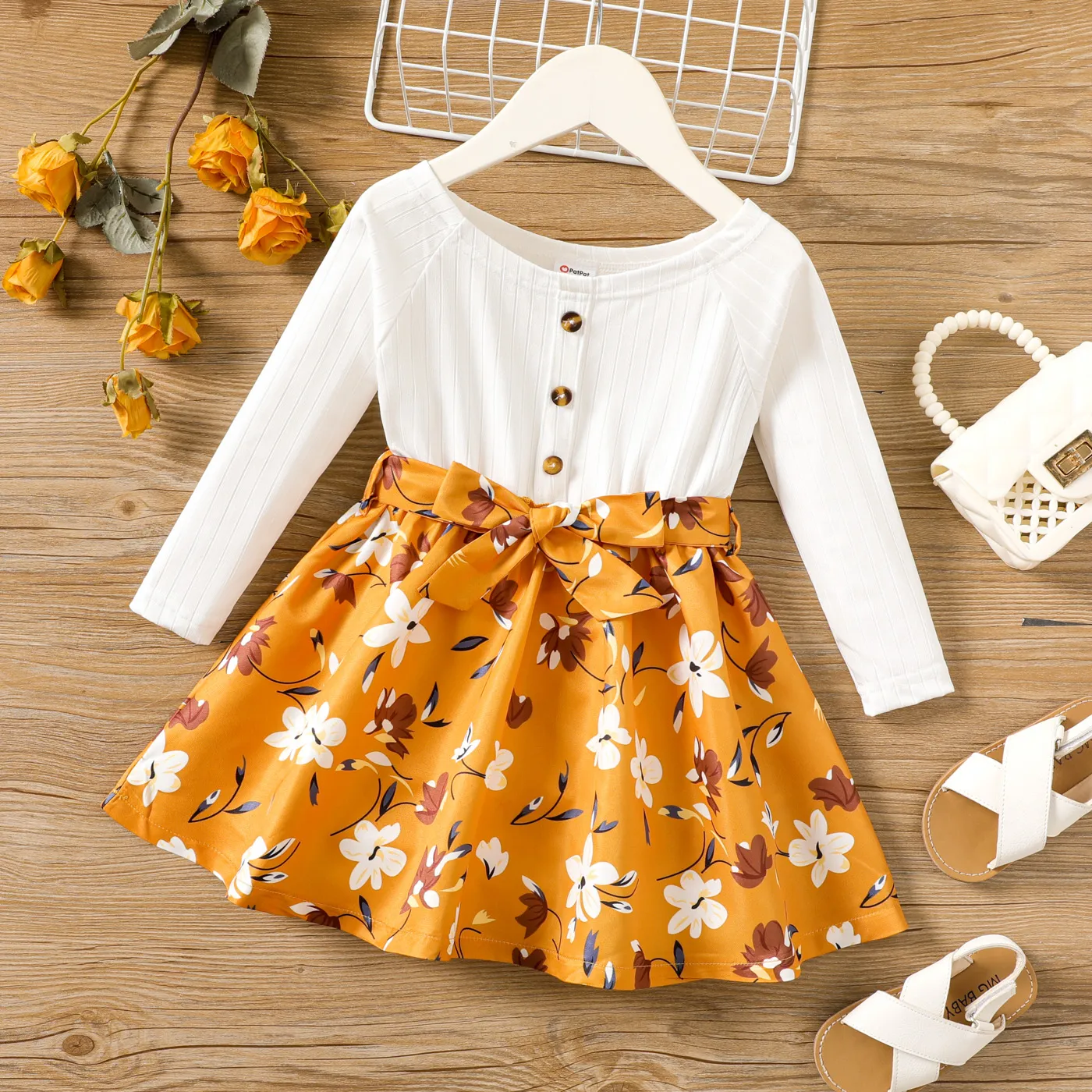 Toddler Girl Floral Print Rib-knit Panel Long-sleeve Belted Dress