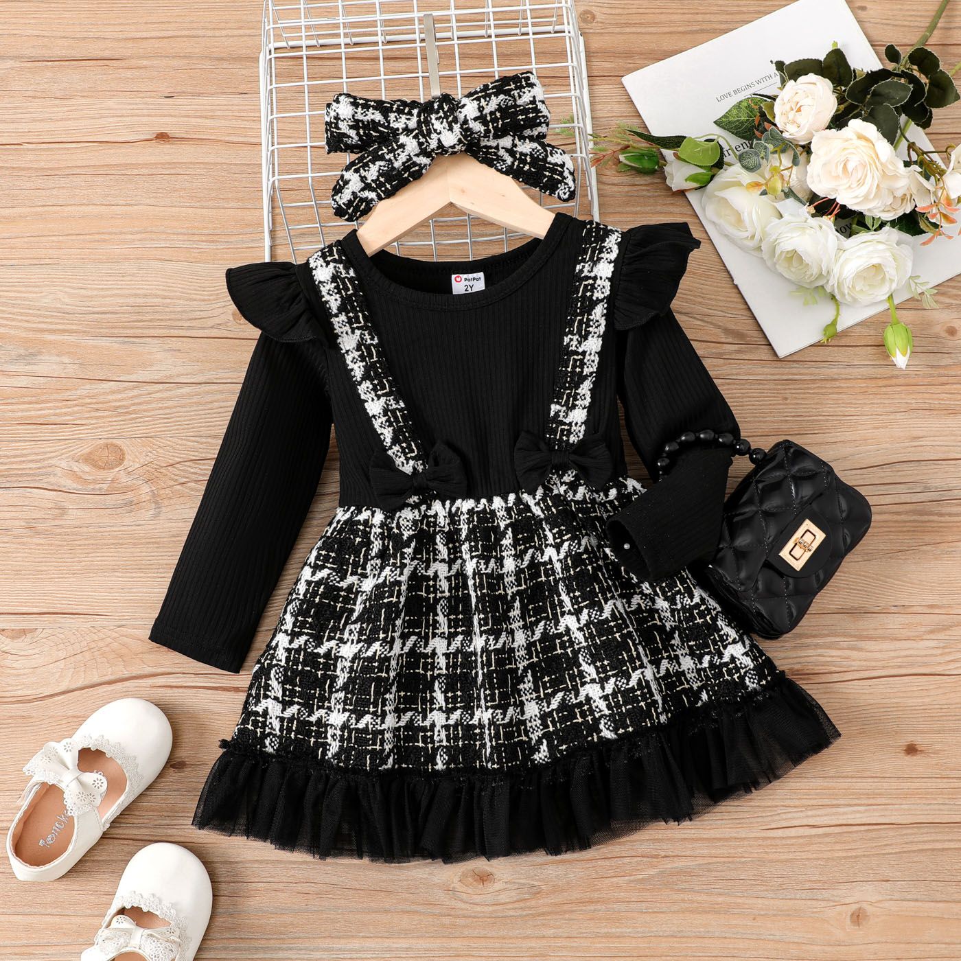 

2pcs Toddler Girl Tweed Combo Dress with Headband Set