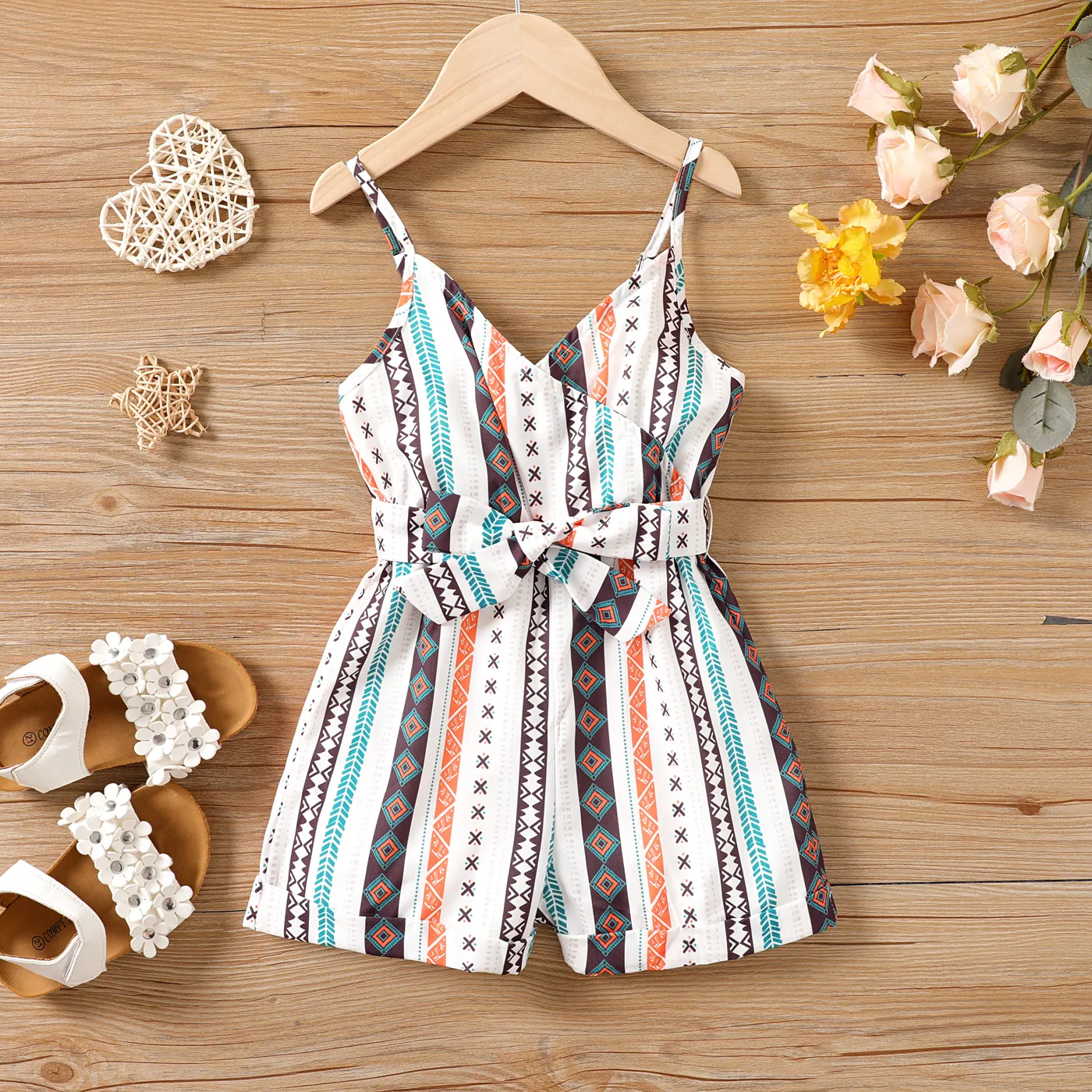Toddler Girl Boho Allover Print Belted Strappy Bodysuit Multi-color big image 1