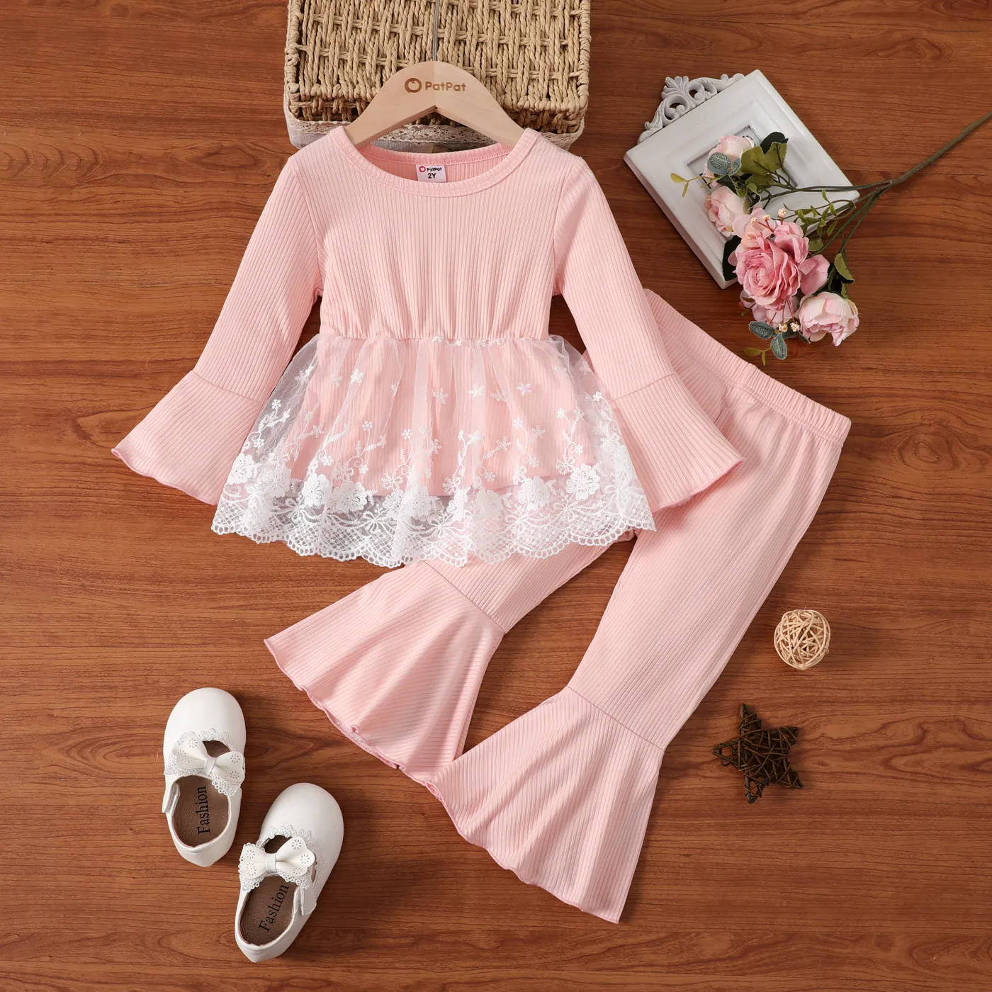 

2pcs Toddler Girl Bell Sleeves Lace Mesh Overlay Ribbed Top and Flared Pants Set