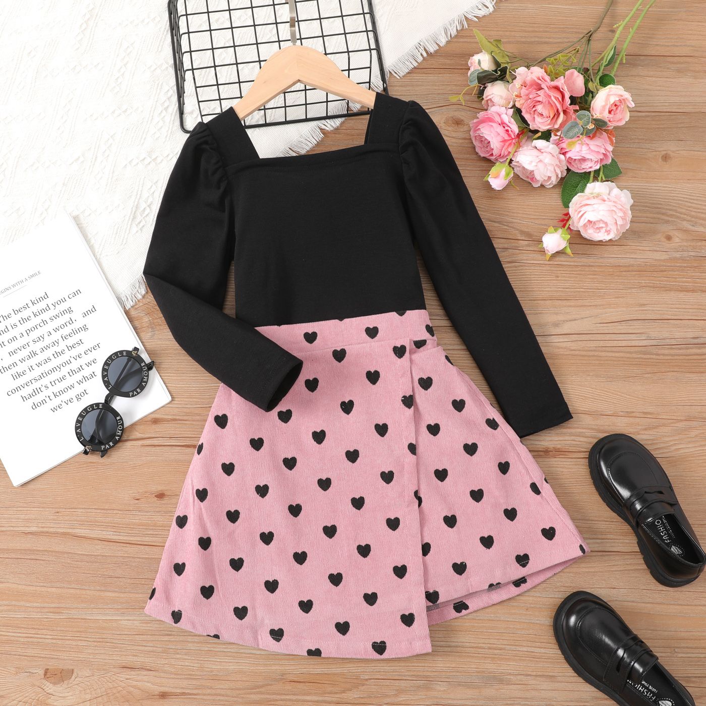 2pcs Kid Girl Solid Long-sleeve Top And Allover Heart Pattern Ribbed Skirt Set