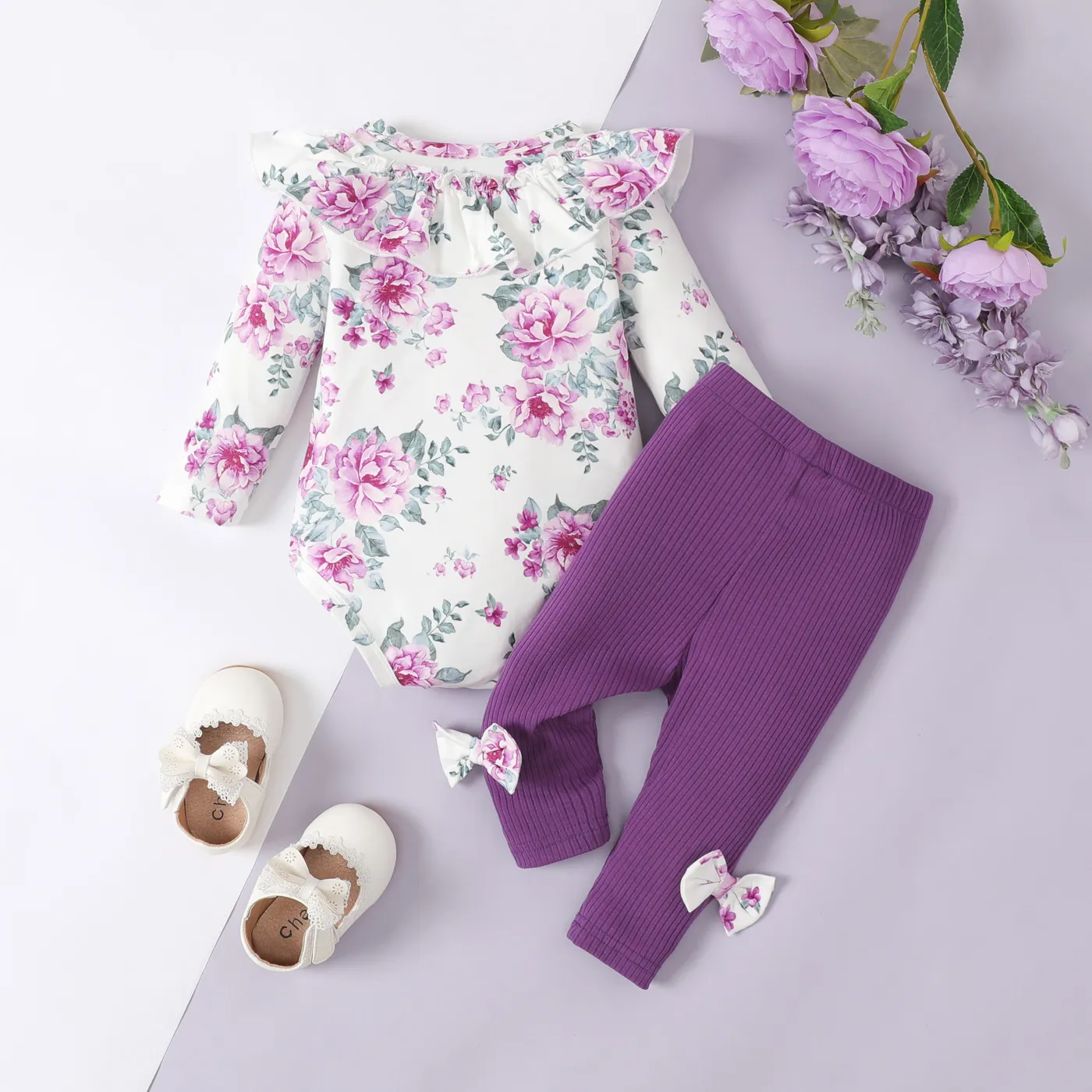2 unidades Bebé Menina Extremidades franzidas Flor grande Elegante Manga comprida Conjunto para bebé  image 2