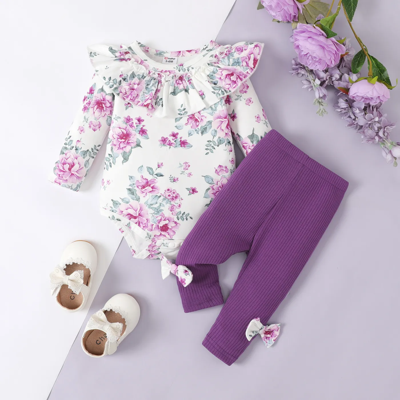 2 unidades Bebé Menina Extremidades franzidas Flor grande Elegante Manga comprida Conjunto para bebé  big image 1