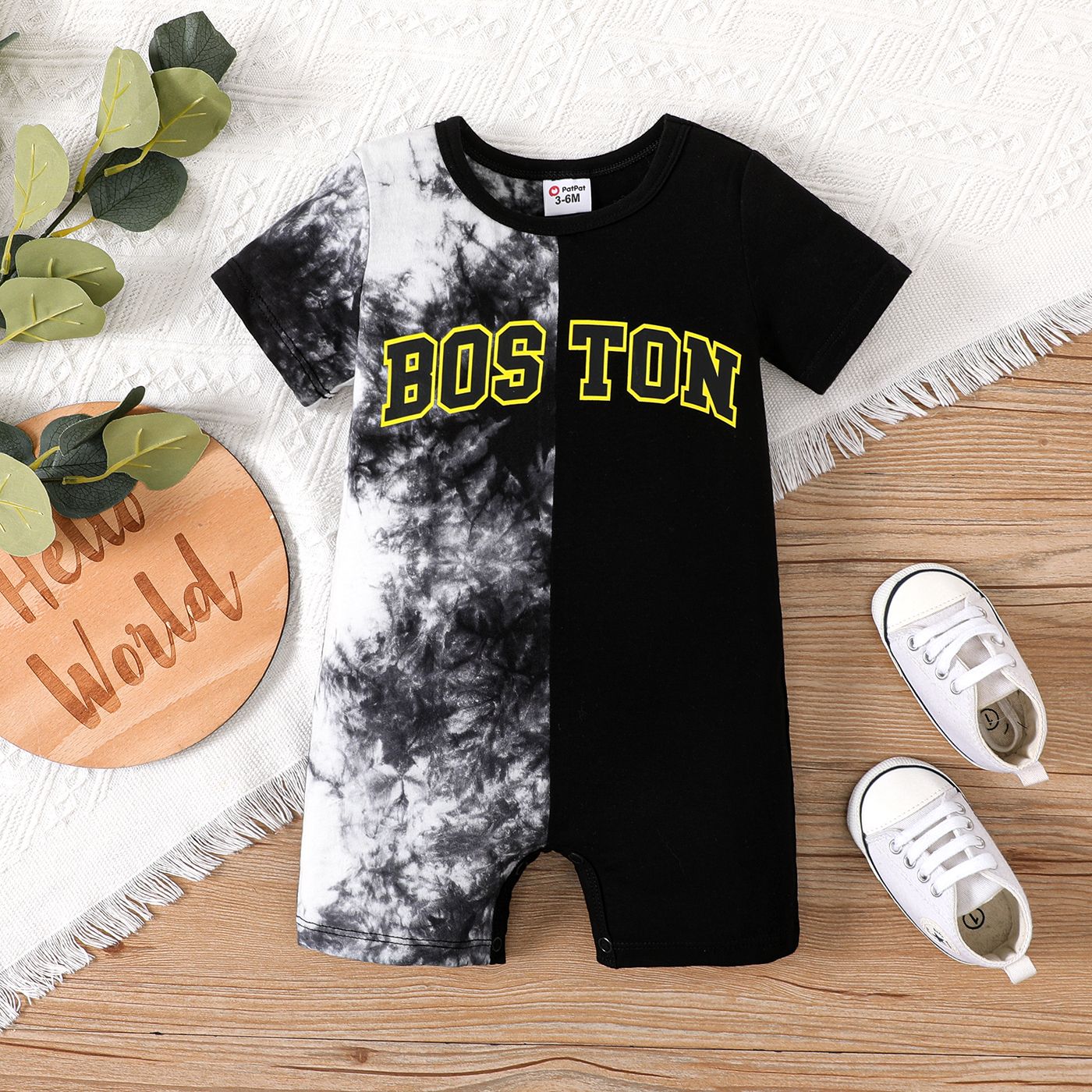 

Baby Boy Cotton Short-sleeve Letter Print Tie Dye Spliced Romper