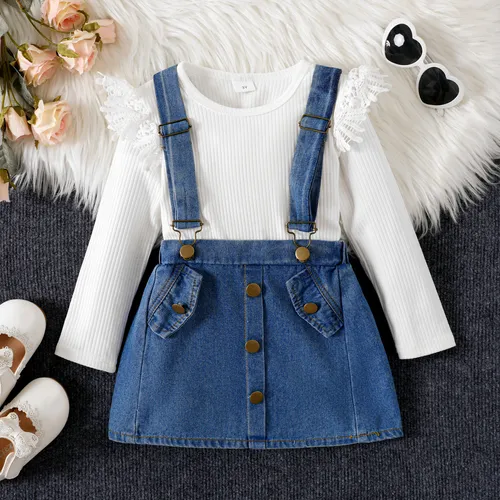 2pcs Toddler Girl Guipure Lace Trim Long-sleeve Rib-knit Top and 100% Cotton Denim Suspender Skirt Set 