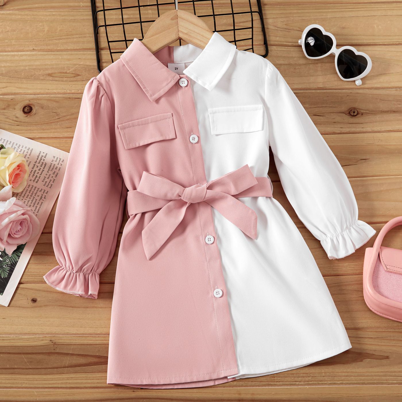 

Toddler Girl Two Tone Colorblock Belted Shirt Dress