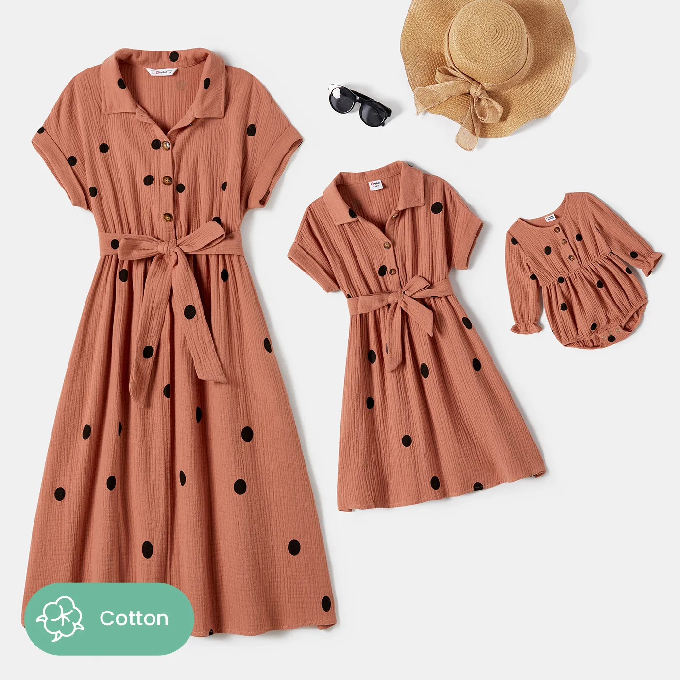Mommy and Me Polka Dot Short-sleeve Belted 100% Cotton Dresses Brick red image 2