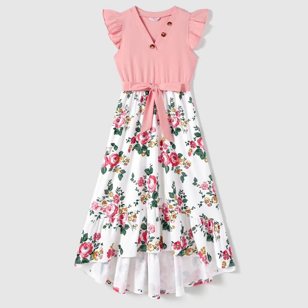 Family Matching Colorblock Short-sleeve Tee and Floral Print Front Buttons Flutter-sleeve Belted Dress Sets
  big image 14