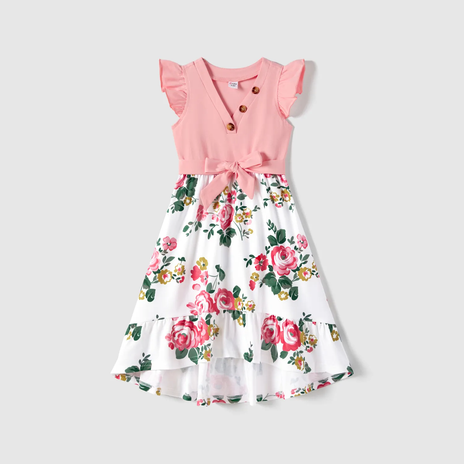 Family Matching Colorblock Short-sleeve Tee and Floral Print Front Buttons Flutter-sleeve Belted Dress Sets
  big image 10