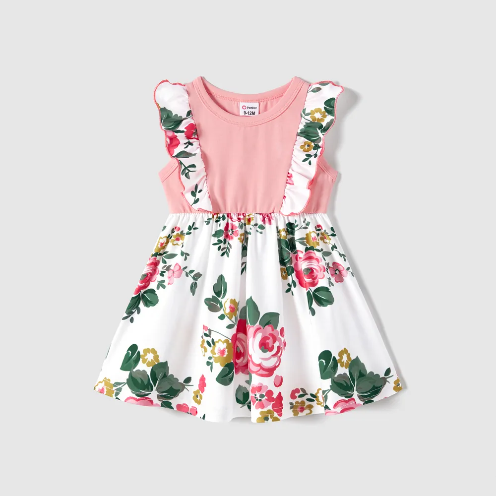 Family Matching Colorblock Short-sleeve Tee and Floral Print Front Buttons Flutter-sleeve Belted Dress Sets
  big image 1