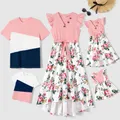 Family Matching Colorblock Short-sleeve Tee and Floral Print Front Buttons Flutter-sleeve Belted Dress Sets
  image 2