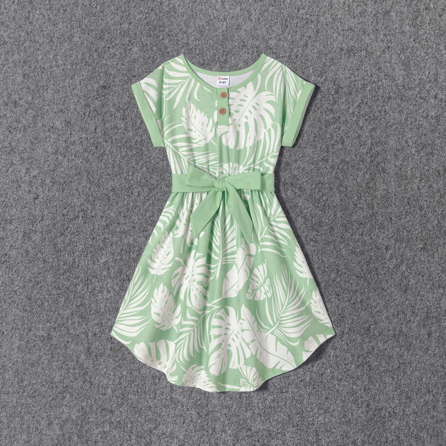 

Family Matching Allover Plant Print Curved Hem Belted Dresses and Short-sleeve T-shirts Sets