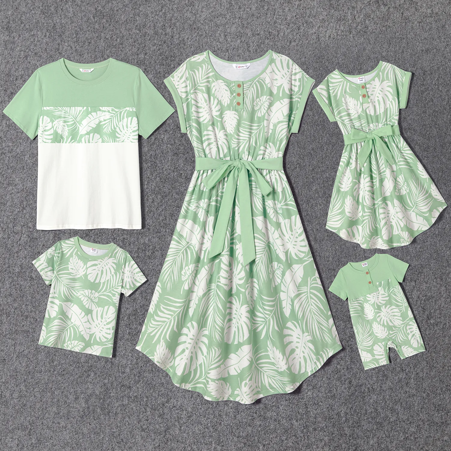 

Family Matching Allover Plant Print Curved Hem Belted Dresses and Short-sleeve T-shirts Sets