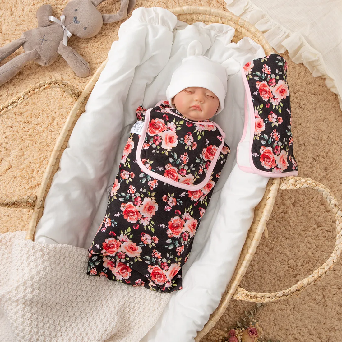 100% Cotton Baby Floral Print Zip Up Wearable Blankets Black big image 1