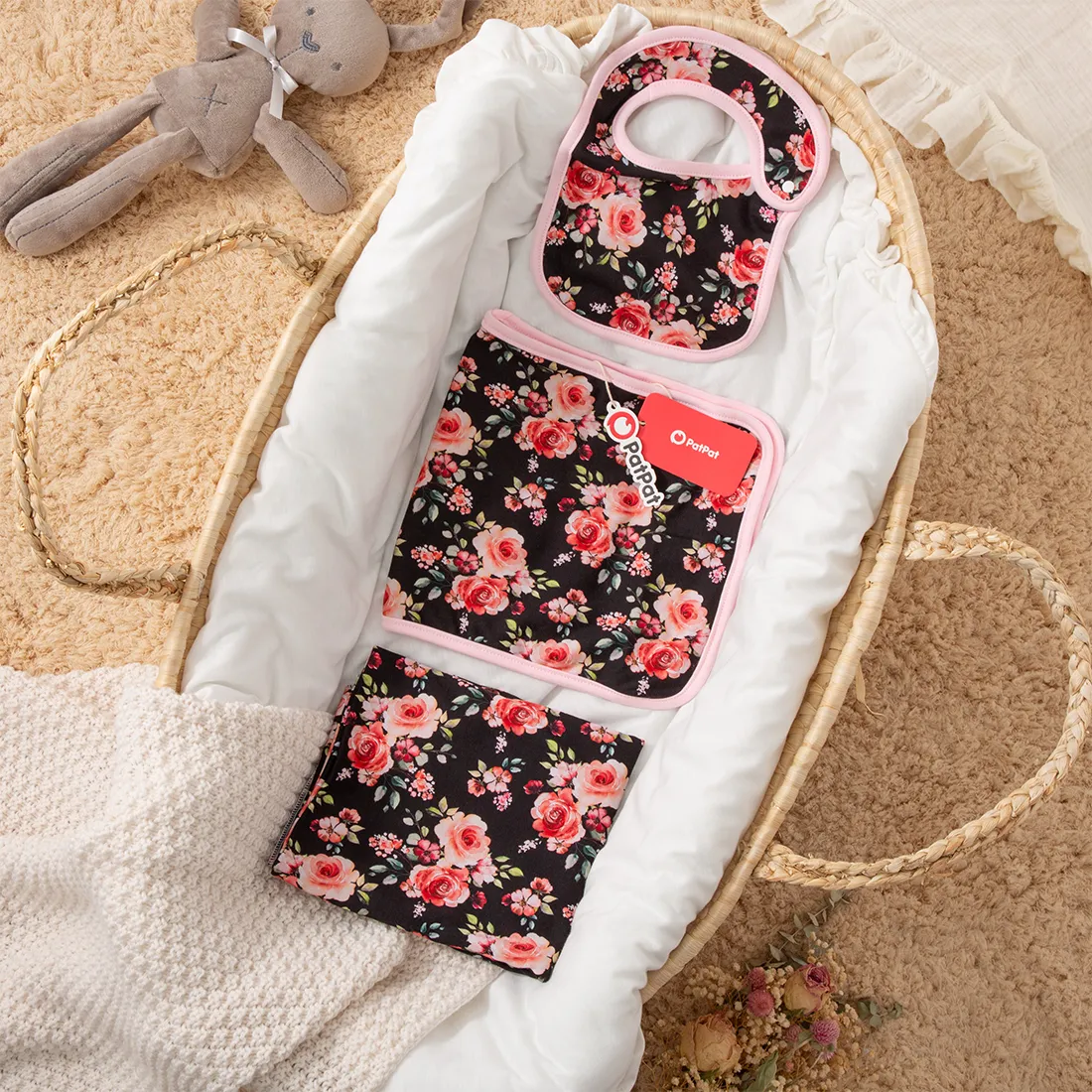 100% Cotton Baby Floral Print Zip Up Wearable Blankets Black big image 1