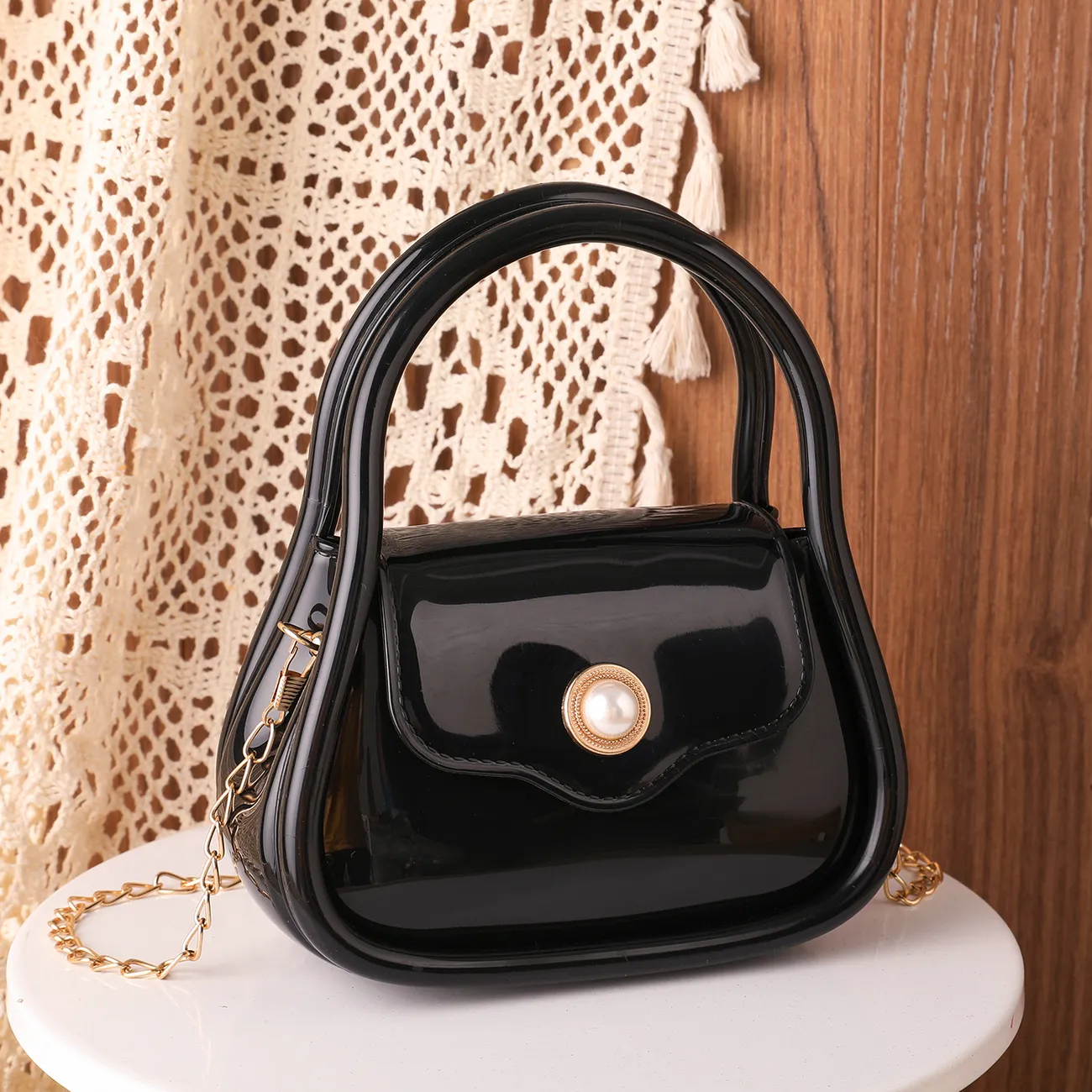 Pearl Magnetic Buckle Chain Jelly Crossbody  Bag for Mom and Me Black big image 1