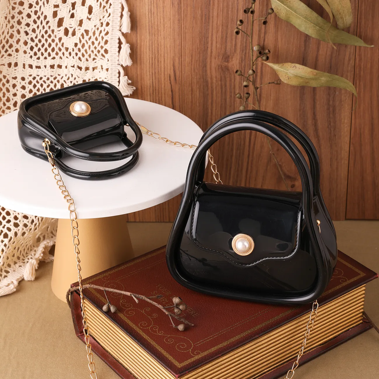 Pearl Magnetic Buckle Chain Jelly Crossbody  Bag for Mom and Me Black big image 1