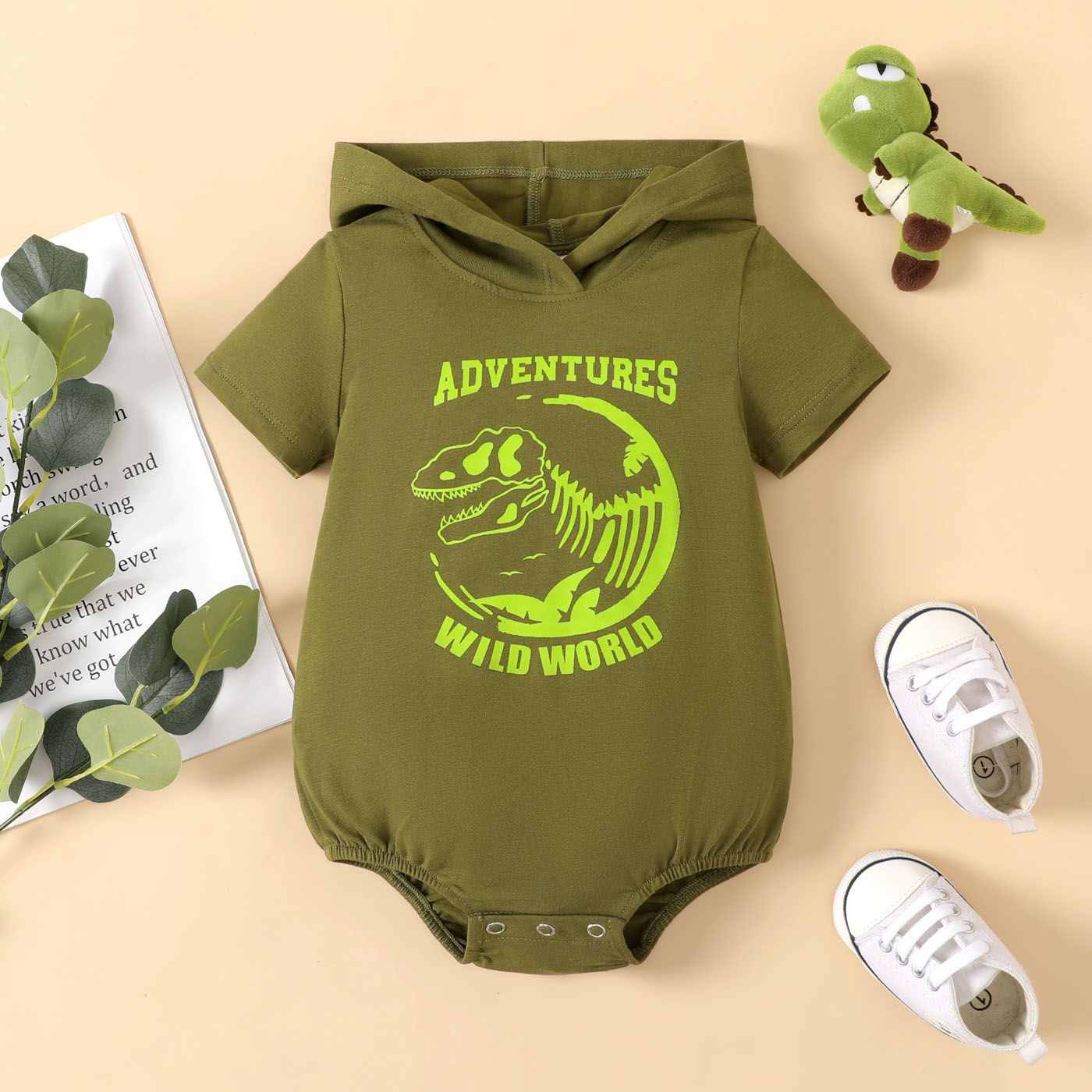 

Baby Boy Cotton Dinosaur Print Hooded Short-sleeve Rompers