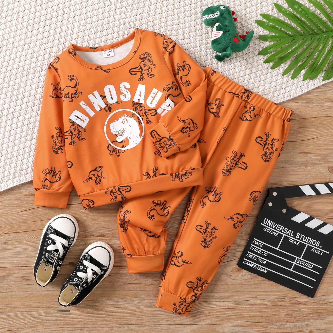 2pcs Toddler Boy Dinosaur Letter Print Pullover Sweatshirt Et Pants Set