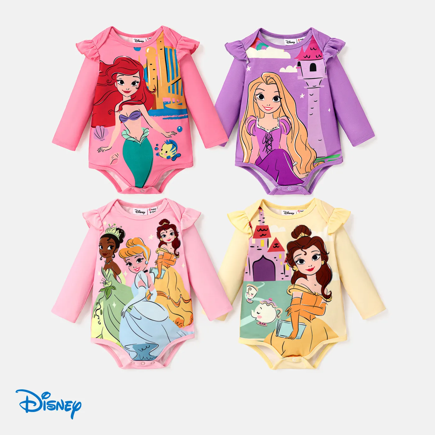 Disney Princess Baby Girl Character Print Ruffled Long-sleeve Bodysuit 