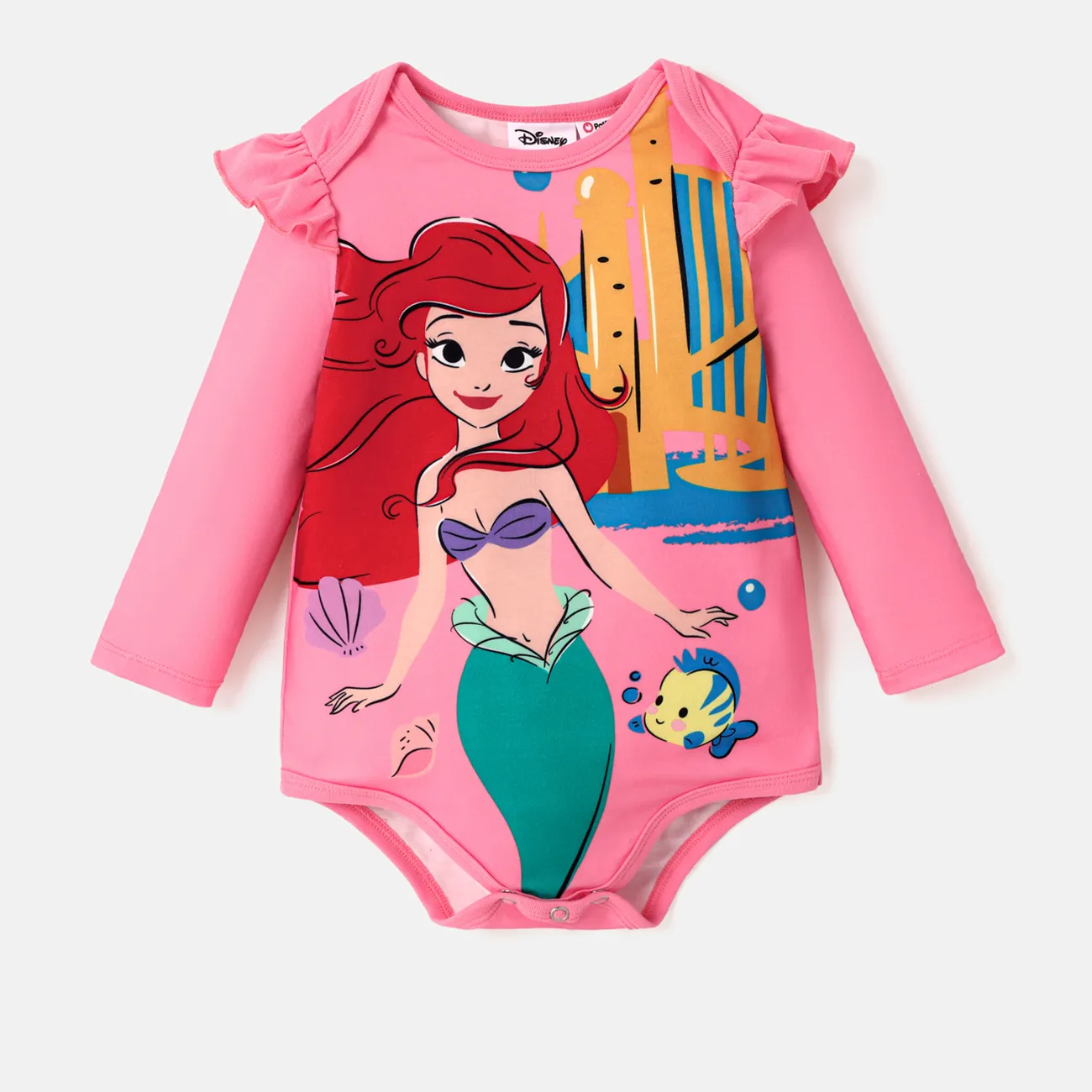 Disney Princess Baby Girl Character Print Ruffled Long-sleeve Bodysuit  Dark -Pink big image 1