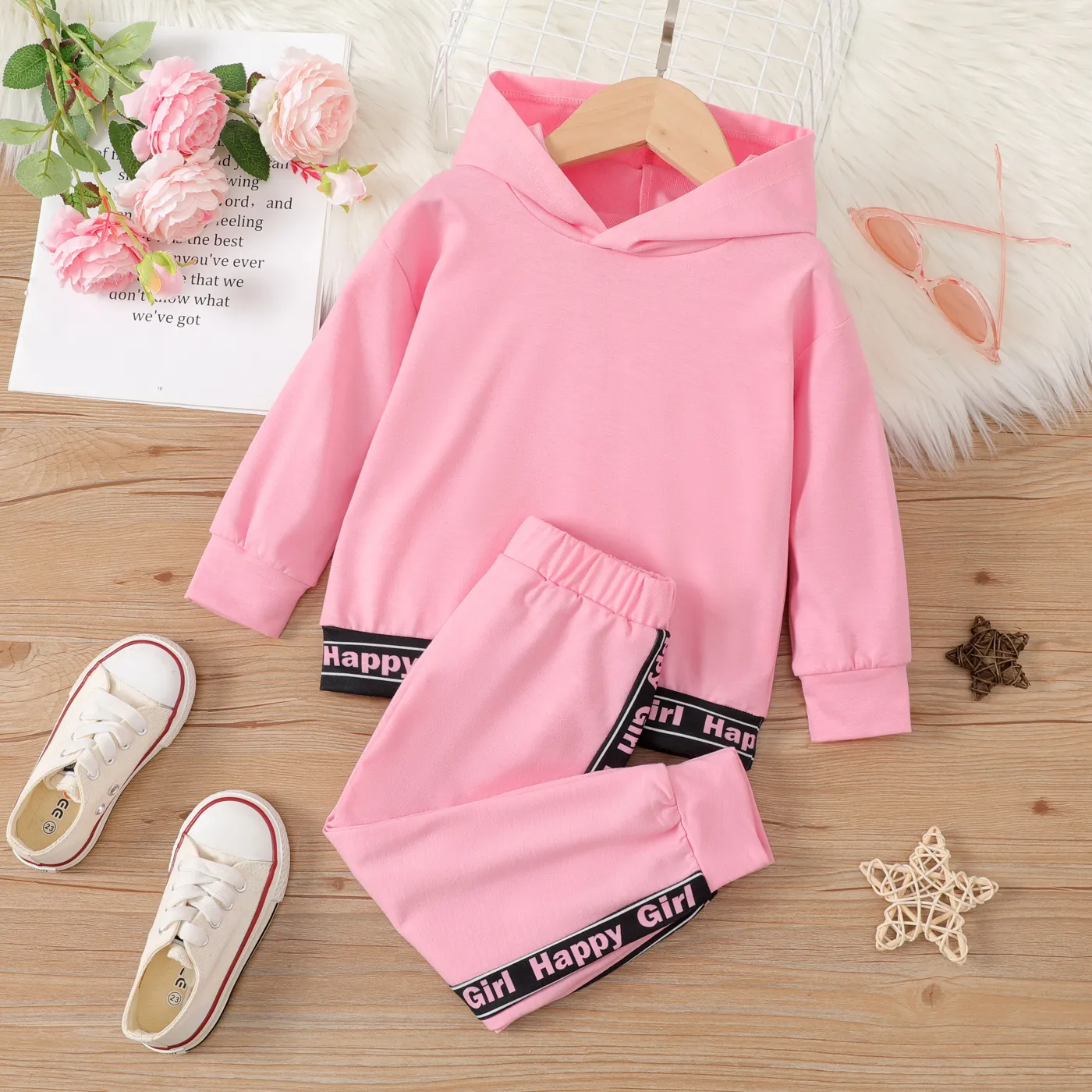 2pcs Toddler Girl Letters Print Long-sleeve Hooded Sweatshirt and Pants Set Pink big image 1