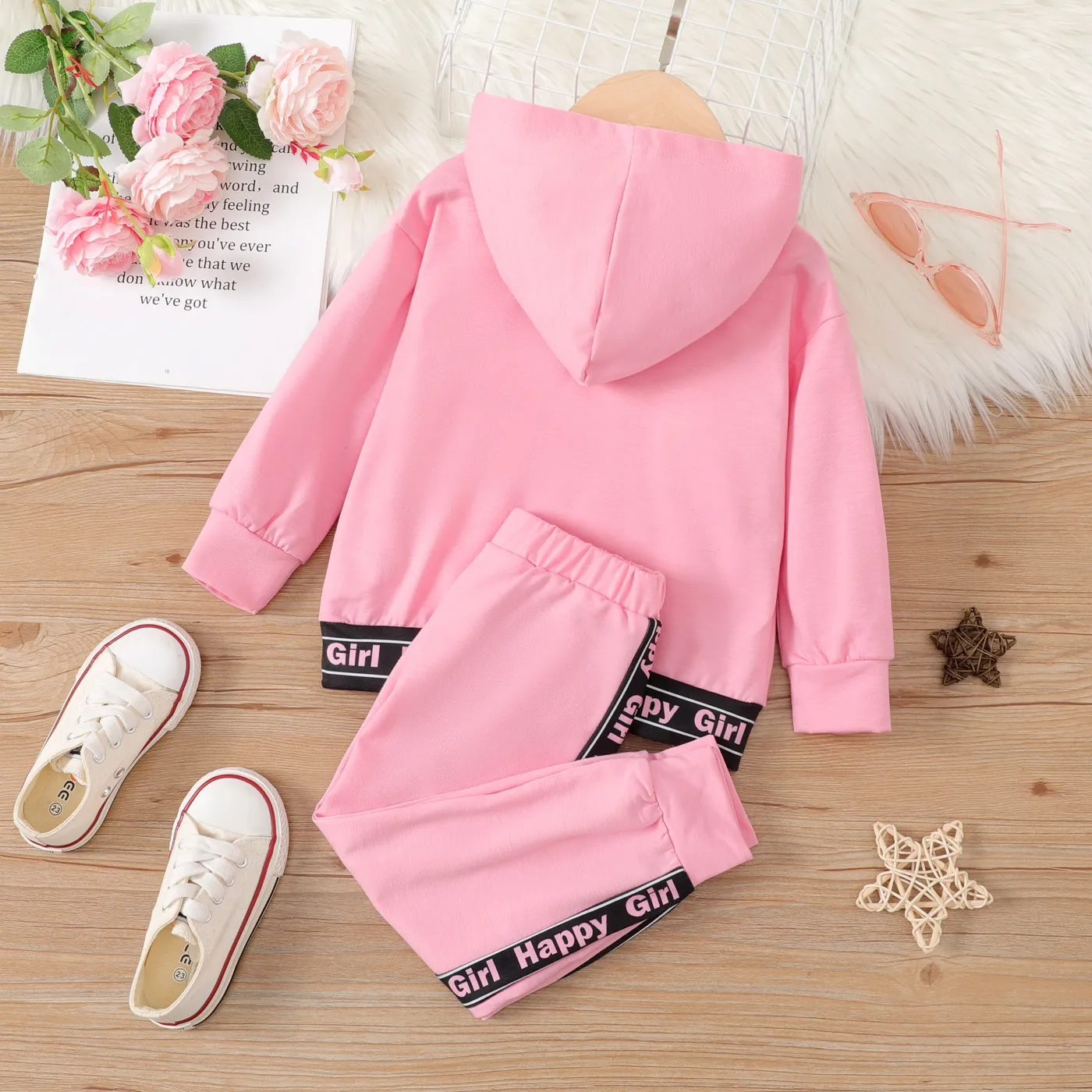 2pcs Toddler Girl Letters Print Long-sleeve Hooded Sweatshirt and Pants Set Pink image 2