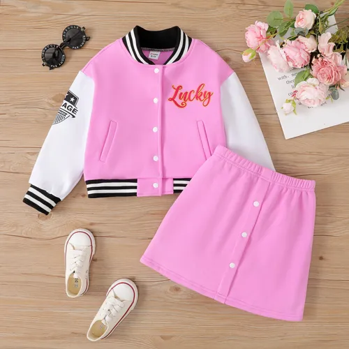 2pcs Kid Girl Letter Embroidered Sports Jacket and Skirt Set 