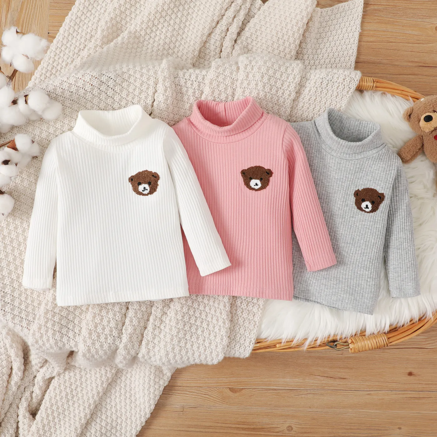 Baby Girl/Boy 95% Cotton Bear Embroidered Rib-knit Long-sleeve Top 