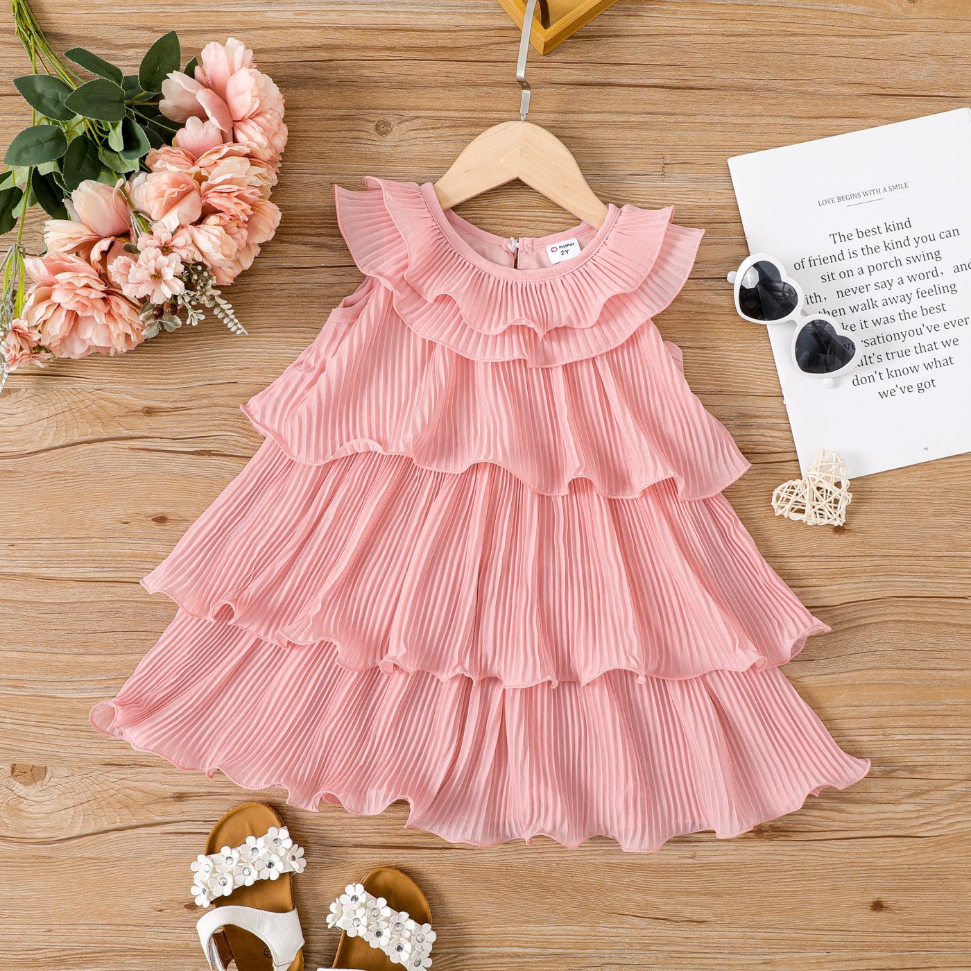 

Toddler Girl Pink Pleated Layered Tank Dress