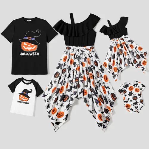 Halloween Family Matching Pumpkin Printed Irregular Octagonal Dresses and Pumpkin & Letter Printed Short Sleeve Tops Sets