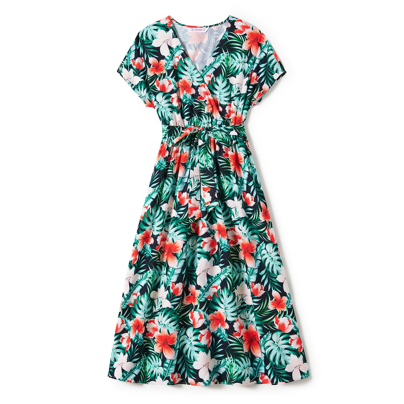 Family Matching Allover Floral Print Belted Dress And Short-sleeve Tee Sets