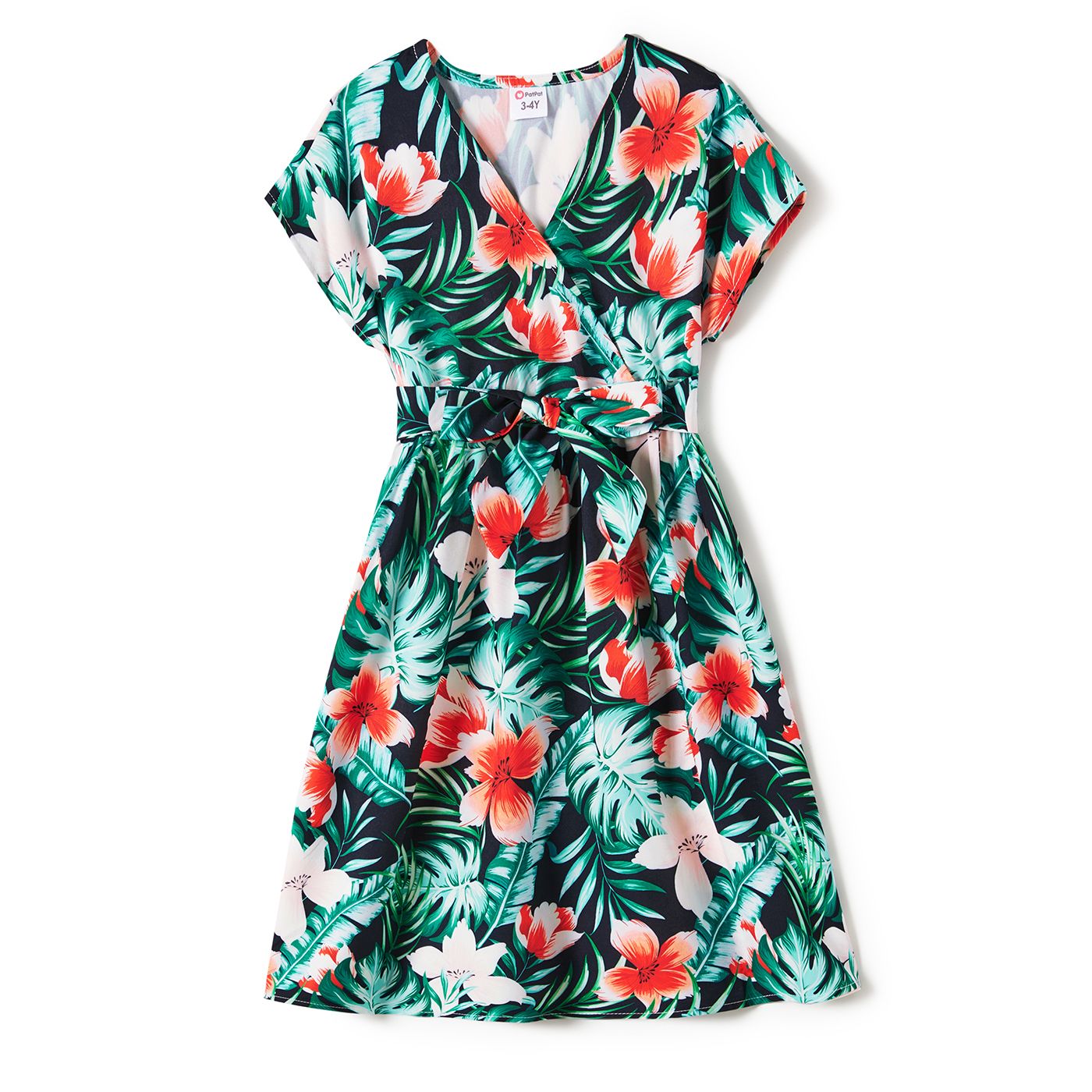 Family Matching Allover Floral Print Belted Dress And Short-sleeve Tee Sets