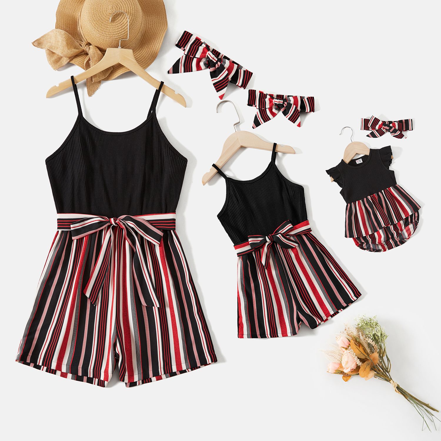 Mommy And Me Black Cotton Ribbed Spliced Striped Belted Cami Rompers